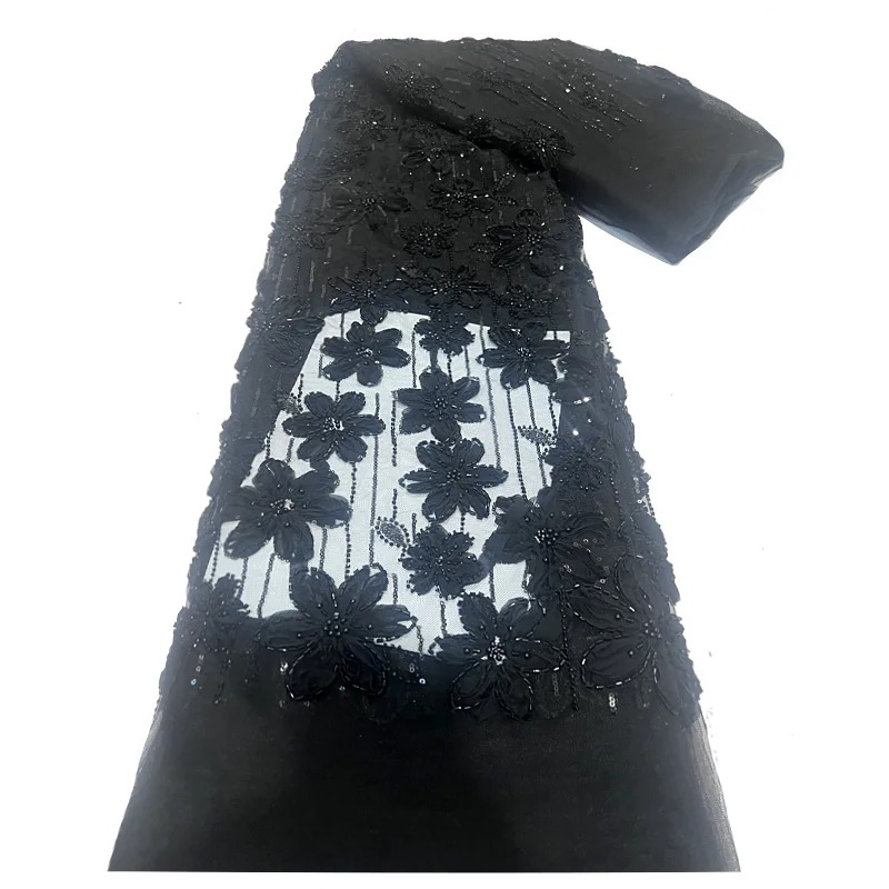 Tela de encaje de malla bordada 3D hecha a mano africana, tela de encaje con cuentas de lentejuelas francesas 2025, vestido nigeriano, vestido de boda para mujer