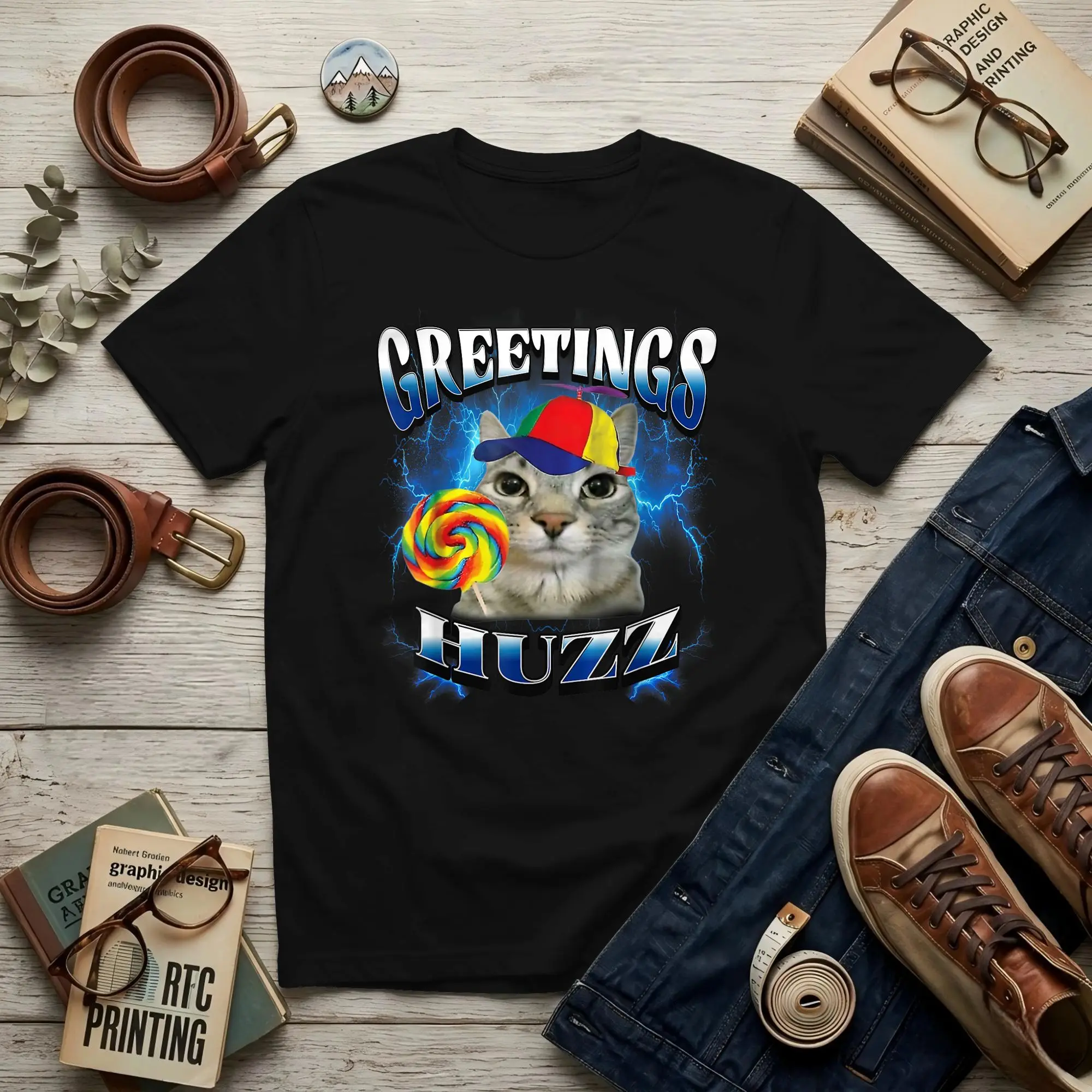 Greetings Huzz Men T Shirts  Cat Awesome Tee Shirt Short Sleeve Crew Neck Cotton Printed Clothing T-Shirt