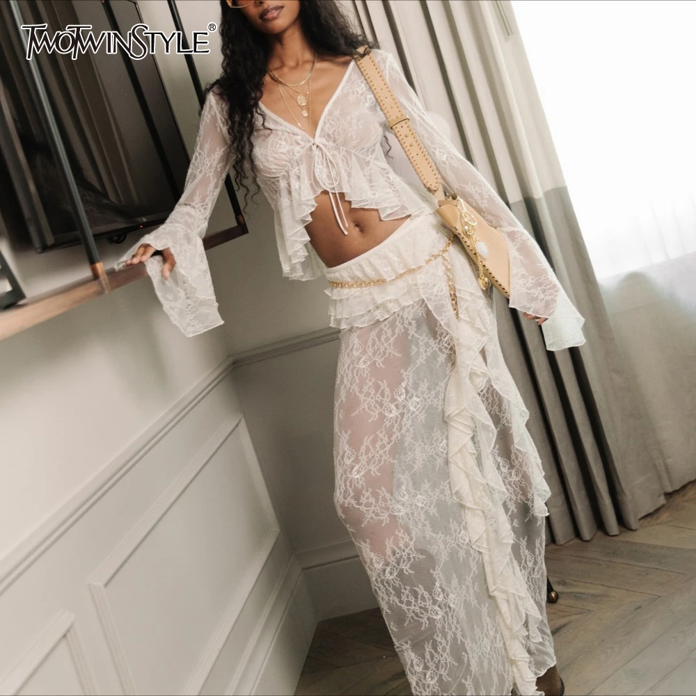 

TWOTWINSTYLE однотонный комплект из двух предметов на шнуровке для женщин, пальто с v-образным вырезом и длинными рукавами, комплекты юбок с высокой талией, женские новые