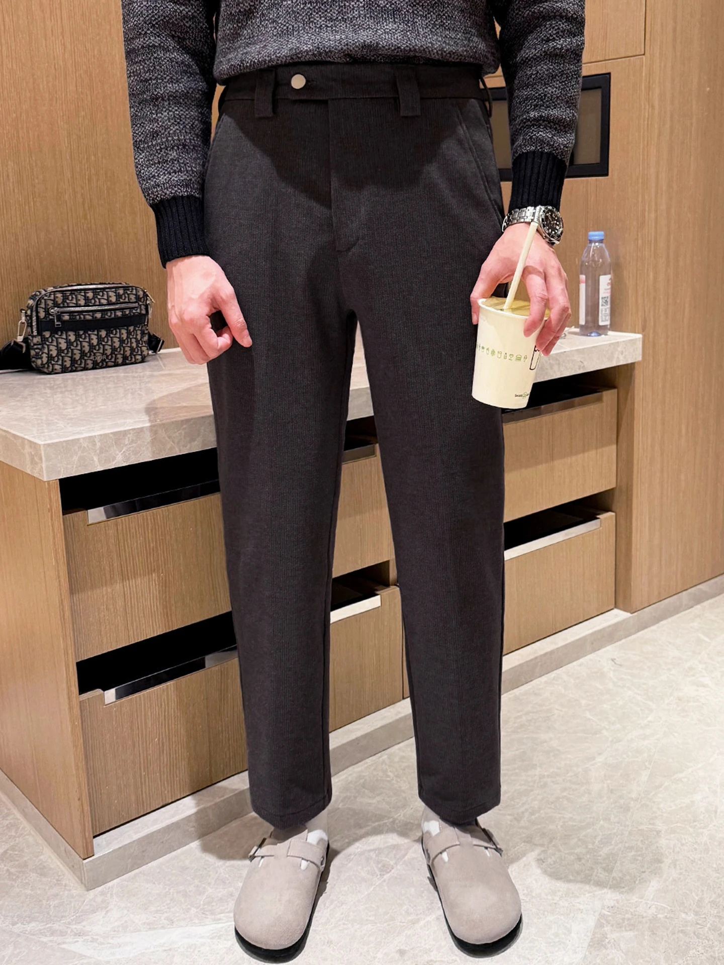 

Briti Retro Men's Thiened Fce Lined Straight Leg Casual Trousers Busin Warm Slim Fit Winter Pants for Men