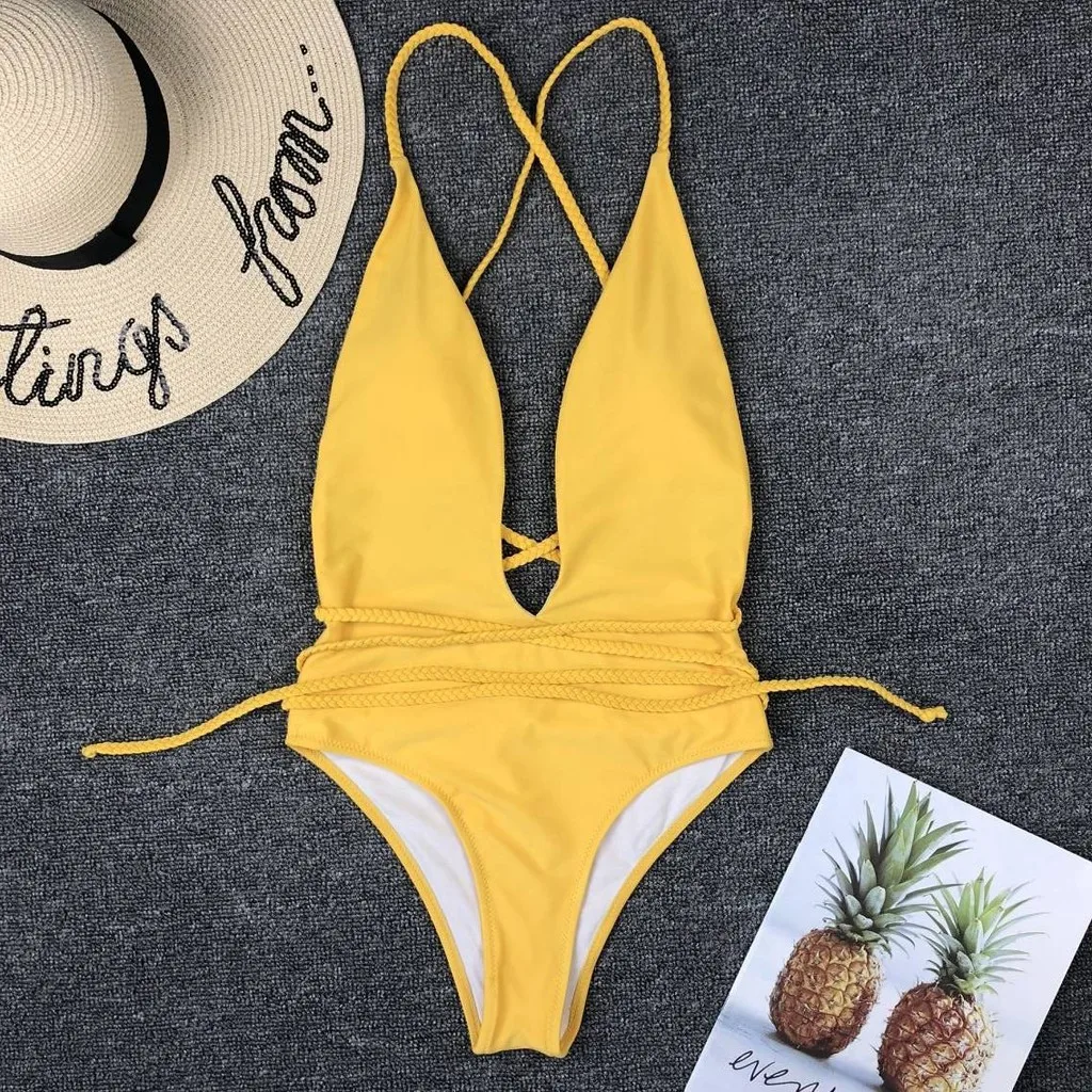 2025 ลึก V ชุดว่ายน้ําเซ็กซี่ผู้หญิงผ้าพันคอ One Piece ชุดว่ายน้ํา Monokini Biquini Jumpsuit Traje De Bano Mujer Badpak Femme
