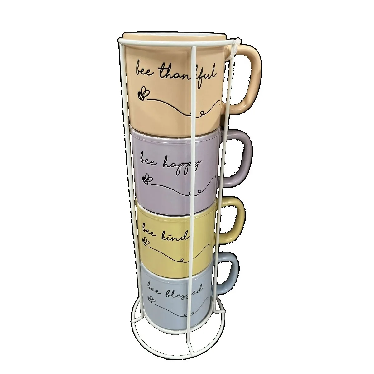 

4 Pc Stackable 14oz Multi-Color Ceramic Coffee Mug Set with a Metal Counter Top Stand, Tower Mug Set