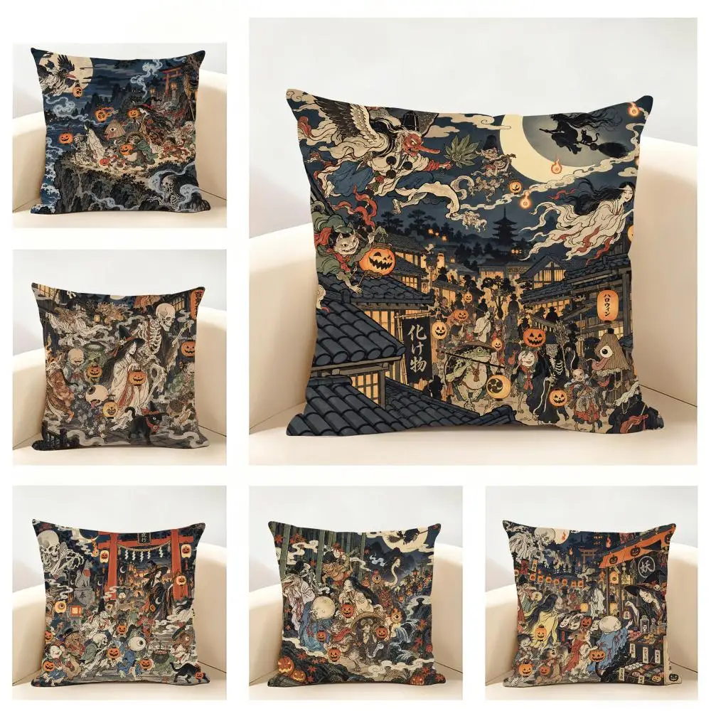 H-Halloween Japanese Yokai  Cushion Cover Linen Minimalist Soft  for Sofa Bed Home Room Decor
