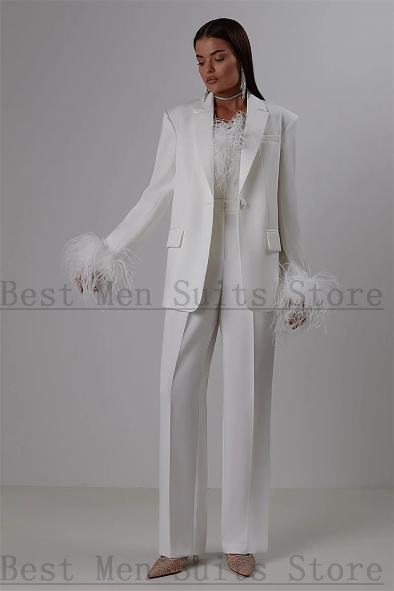 Ostrich Feather Women Suits Set Blazer+Top Bra+Pants 3 Pieces Wedding Tuxedo Prom Dress Formal Office Lady Jacket Custom Made