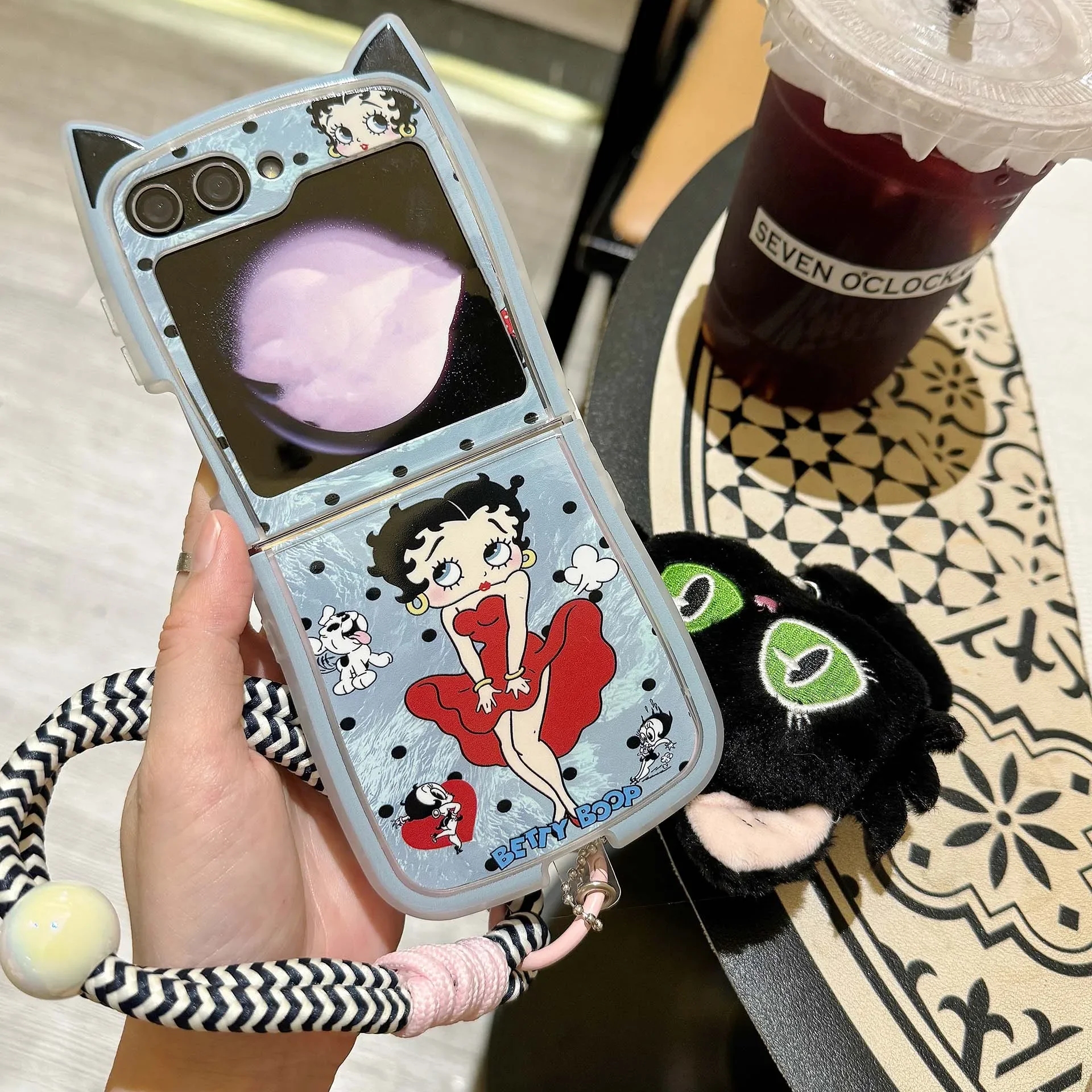 Hot Cartoon Skirt B-Betty Boop with Lanyard Phone Case for Samsung Galaxy Z Flip 3 4 5 6 5G PC Hard Anti-drop Back Cover Funda