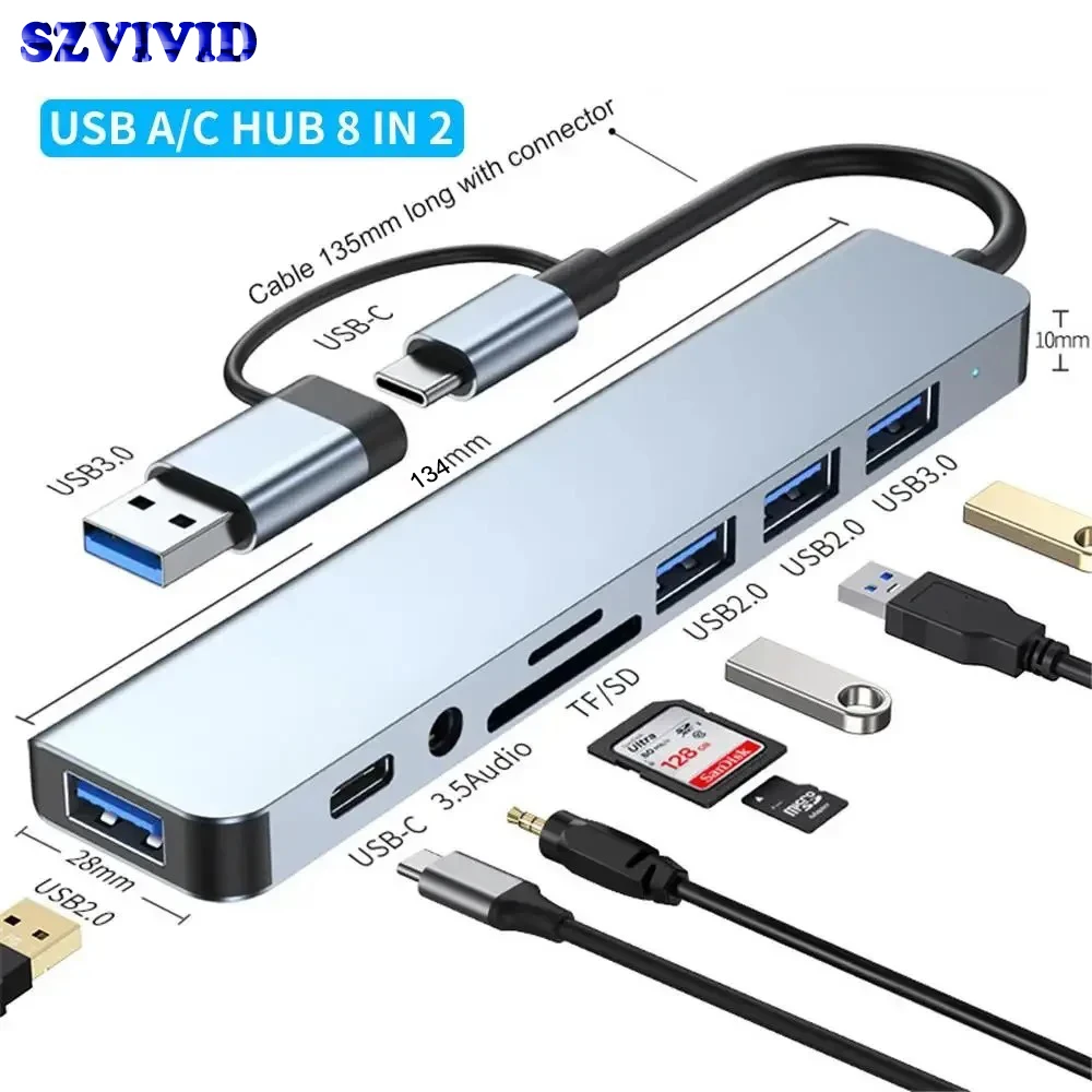 

USB 3.0 Type C Hub Concentrator 8 in 1 Docking Station 3 0 Multi Adapter SD TF Card Reader Audio Multi-hub Dock Splitter PC