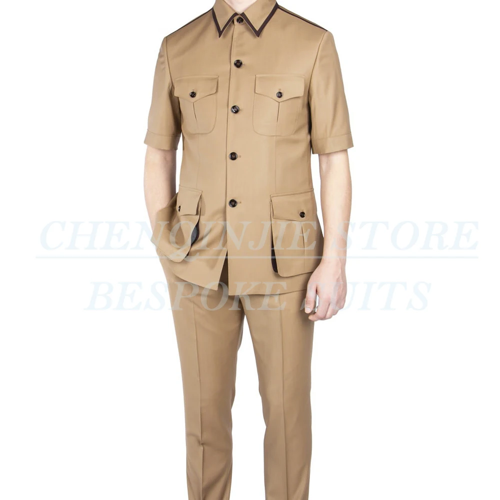 SILIWEYA Moda Manica Corta Abiti da Uomo Elegante Stand Risvolto Slim Fit 2 Pezzi Giacca Pantaloni Set Abbigliamento Maschile Personalizzato Blazer