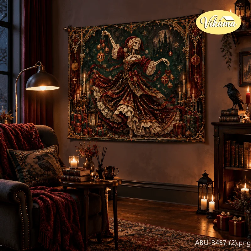 VIKAMA Gothic Christmas Dancing Female Skull Tapestry, Vintage Background Cloth, Living Room Party Wall Decor