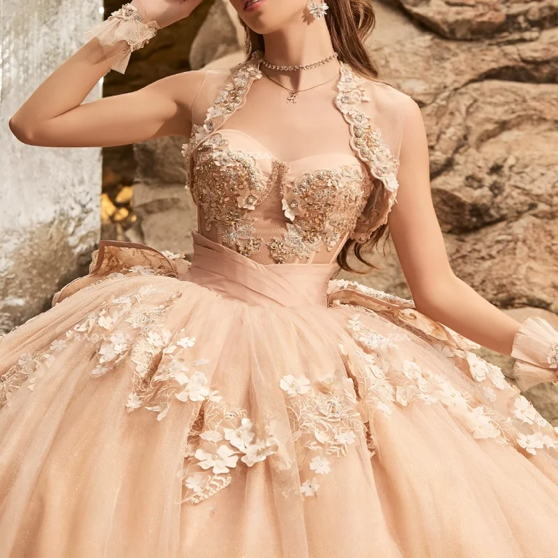 

Платье Quinceanera цвета шампанского, кружевное тюлевое платье с кристаллами и блестками, наклейка с 3D цветком, вышивка бисером, платья de 15, Quinceanera ﻿ Индивидуальный