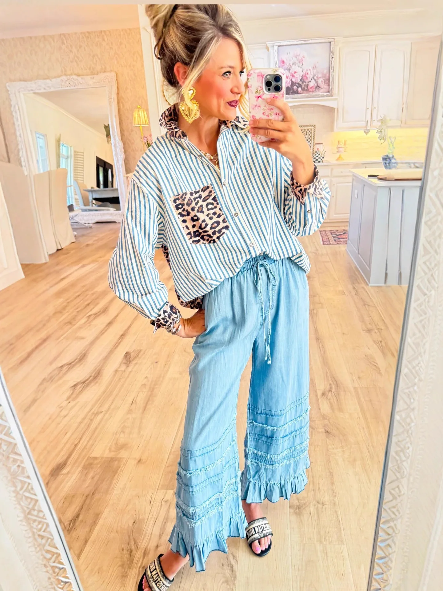 

Casual Women's Shirt Spring Autumn Loose Fashion Leopard Print Striped Splicing Clothing Long Sleeve Lapel Single Breasted Tops