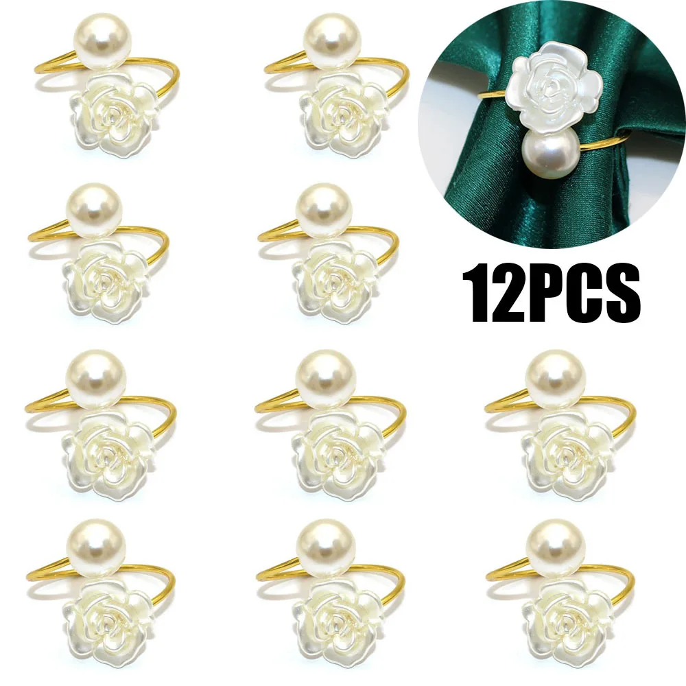 12pcs White Pearl Flower Napkin Rings, Golden Pearl Rose Napkin Holder Rings, for Formal Wedding Home Dinner Party Supplies