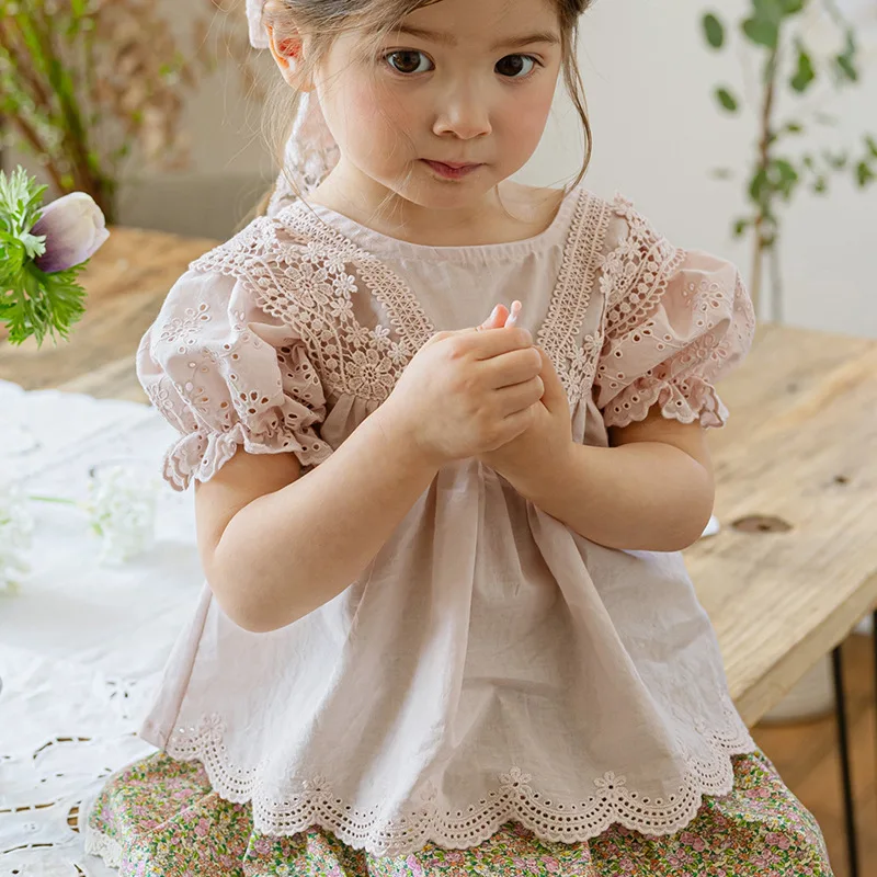 2024 Summer Korean Style  Girls and Children\'s Sweet and Cute Cotton Bubble Sleeves Short Sleeved Shirt