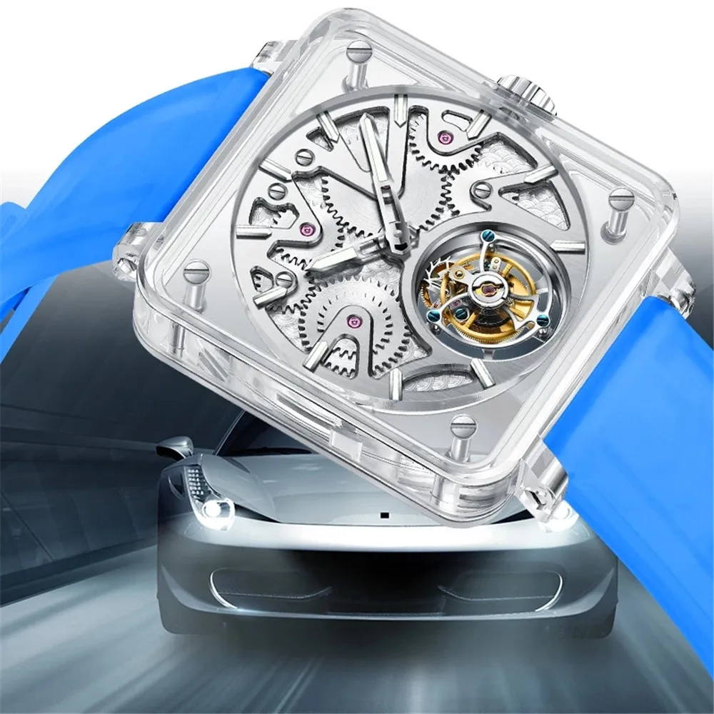 JINLERY Tourbillion Watch Transparent Square Watch for Men Skeleton Mechanical Watches 2022 New Clocks for Gifts часы мужские