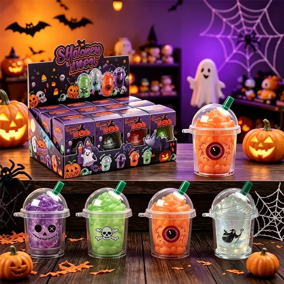 Halloween Mini Milk Tea Cup Squeeze Toy, Glitter Inside Soft TPR Fidget Vent Toy Spooky Skull Ghost Eyeball Decor Party Favor