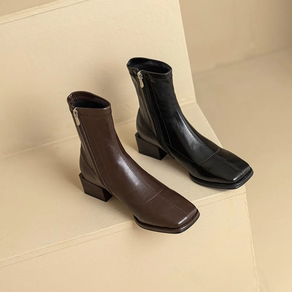 Square Toe Women Ankle Boots Flock Stretch Shoes Thin Mid Heels Black/Brown/Beige Back Zipper Dress Sock Boots Woman