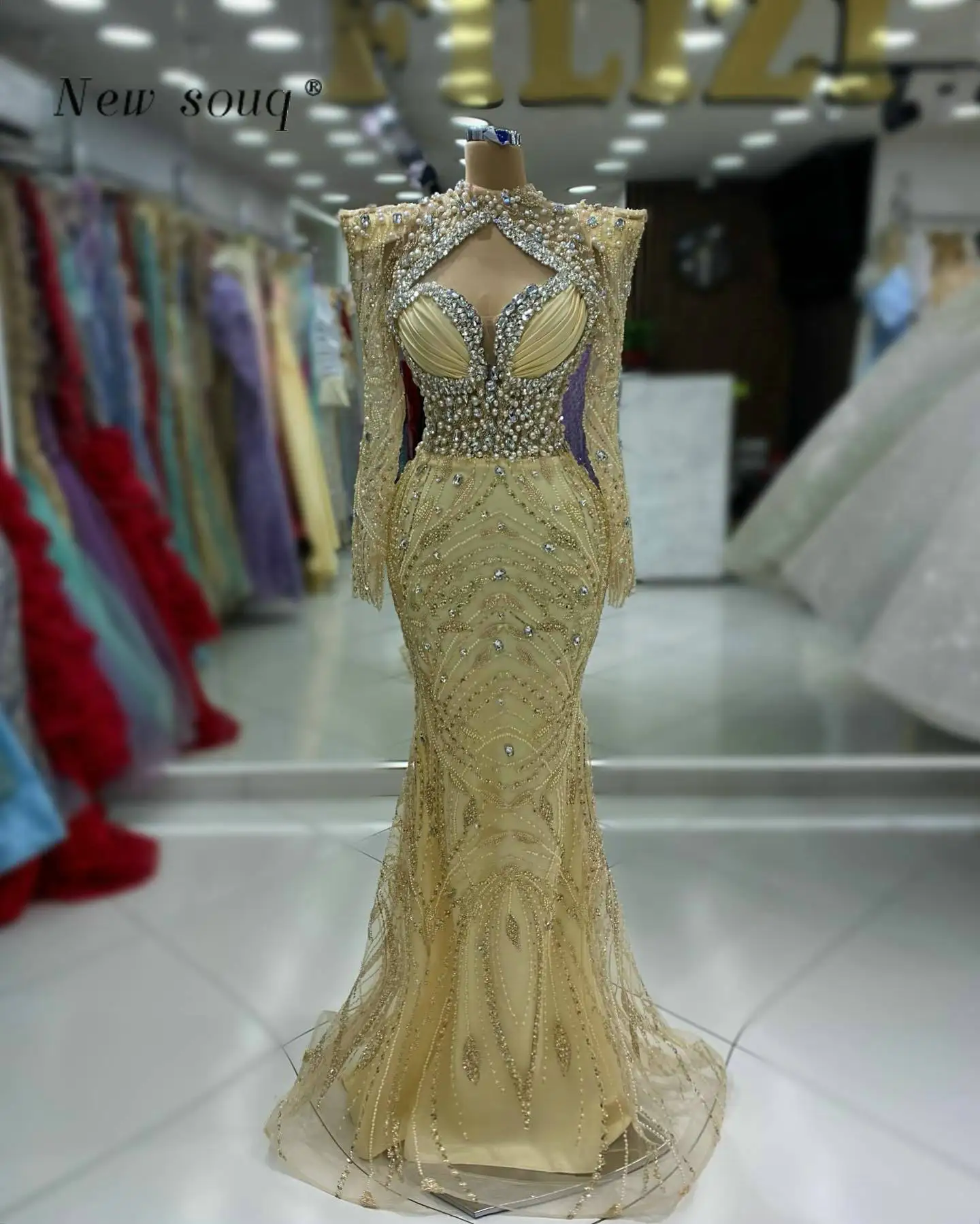 Robe de soirée de forme sirène, 2 en 1, arabe, manches longues, cristaux scintillants, perles, robe de soirée de mariage pour femmes, 2024