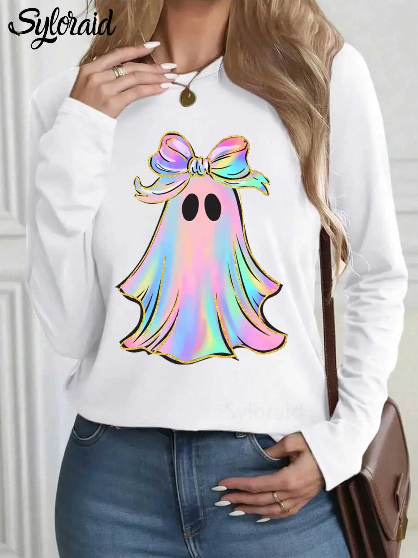 

Women's Long Sleeve T Shirt Neon Ghost T Shirt Halloween Ghost Bow Shirt Fashion Round Neck Casual Top