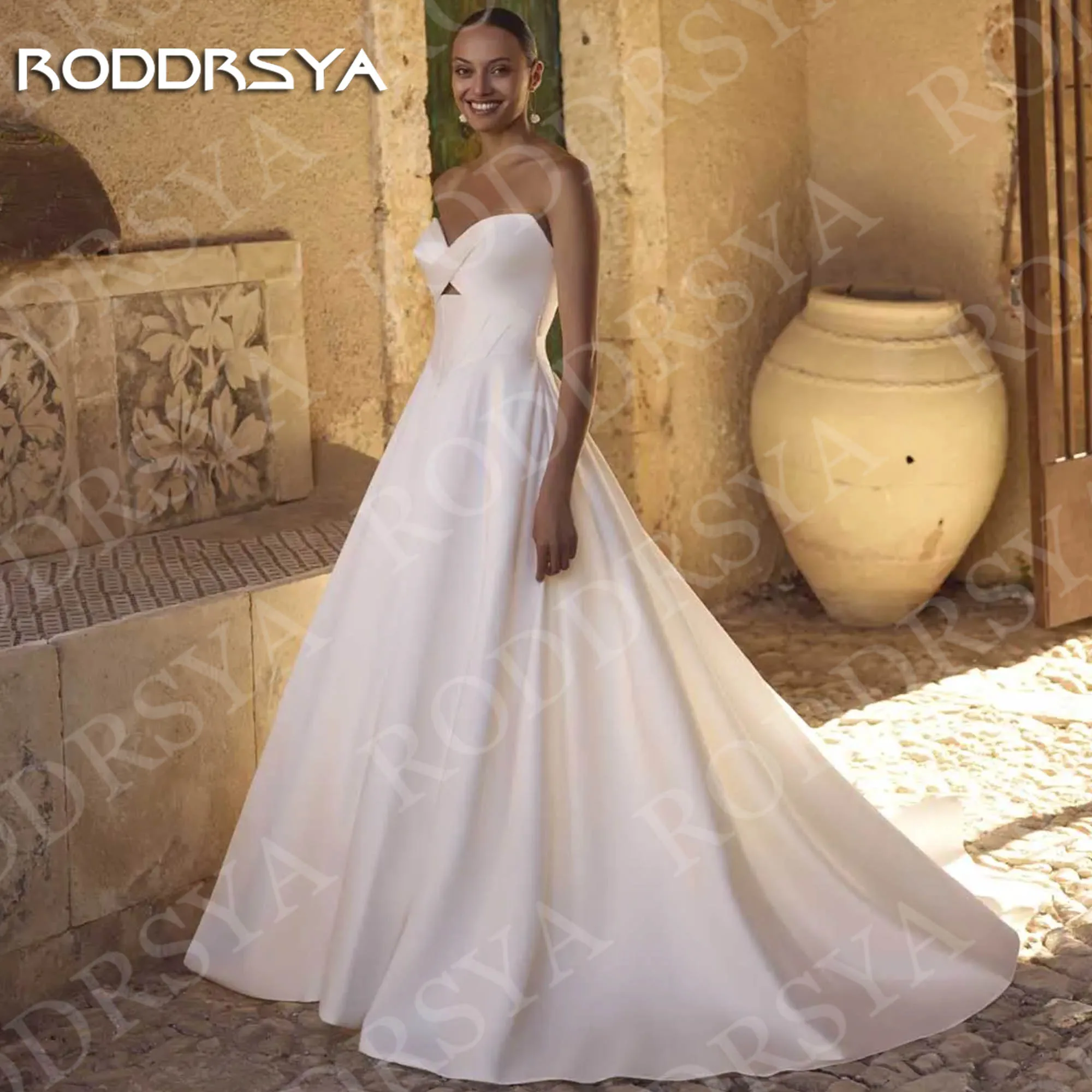 

RODDRSYA A Line Strapless Wedding Dress Elegant Puff Sleeves V Neck Backless Satin Bridal Gown Customized abiti da sposa 2025
