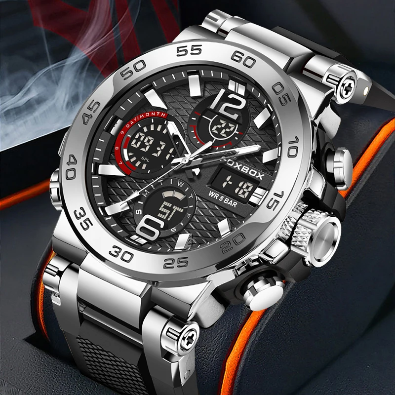 FOXBOX Dual Display Watch Men Outdoor Sports Military Silicone LED Backlight Chronograph Waterproof Watches Male Reloj Hombre