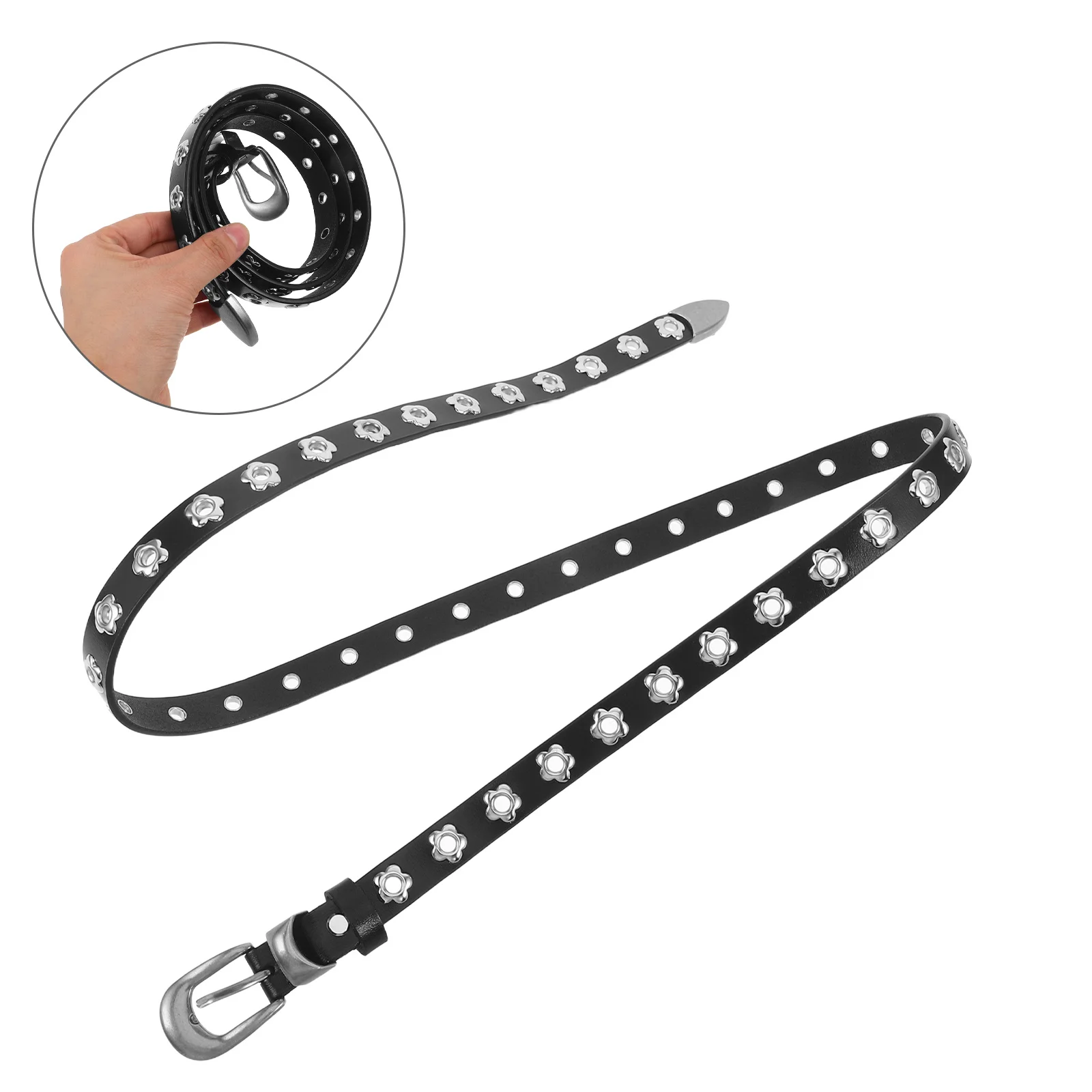 

Black 44.8 Thin Skinny Waist Belt Adjustable Retro Vintage Belt Floral Holes Dress Jeans Pants Women Waistband