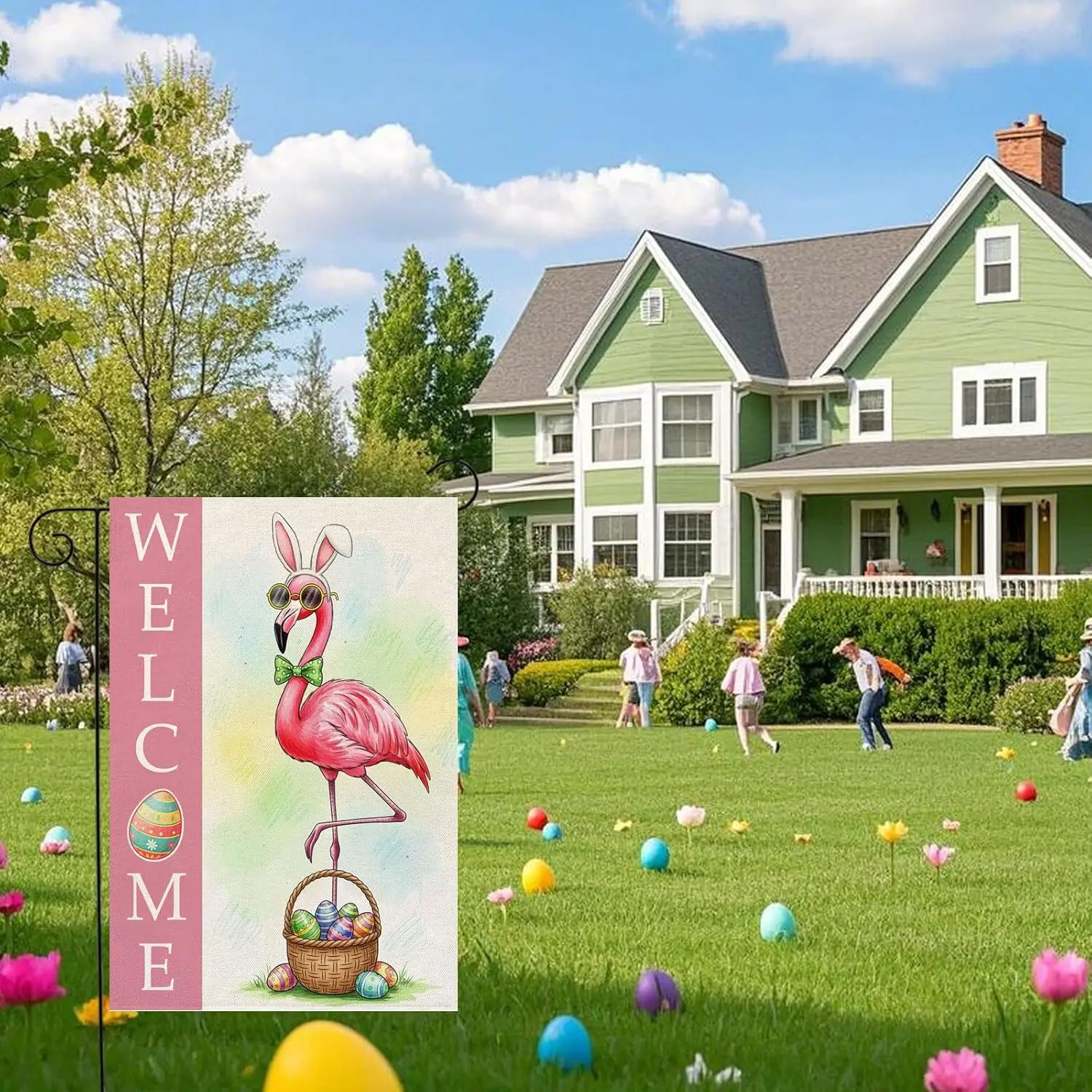 Easter Flamingo Garden Flag 12 x 18 Inch Vertical Double Sided Burlap Seasonal Spring Welcome Bunny Yard Outdoor Decorations PPM