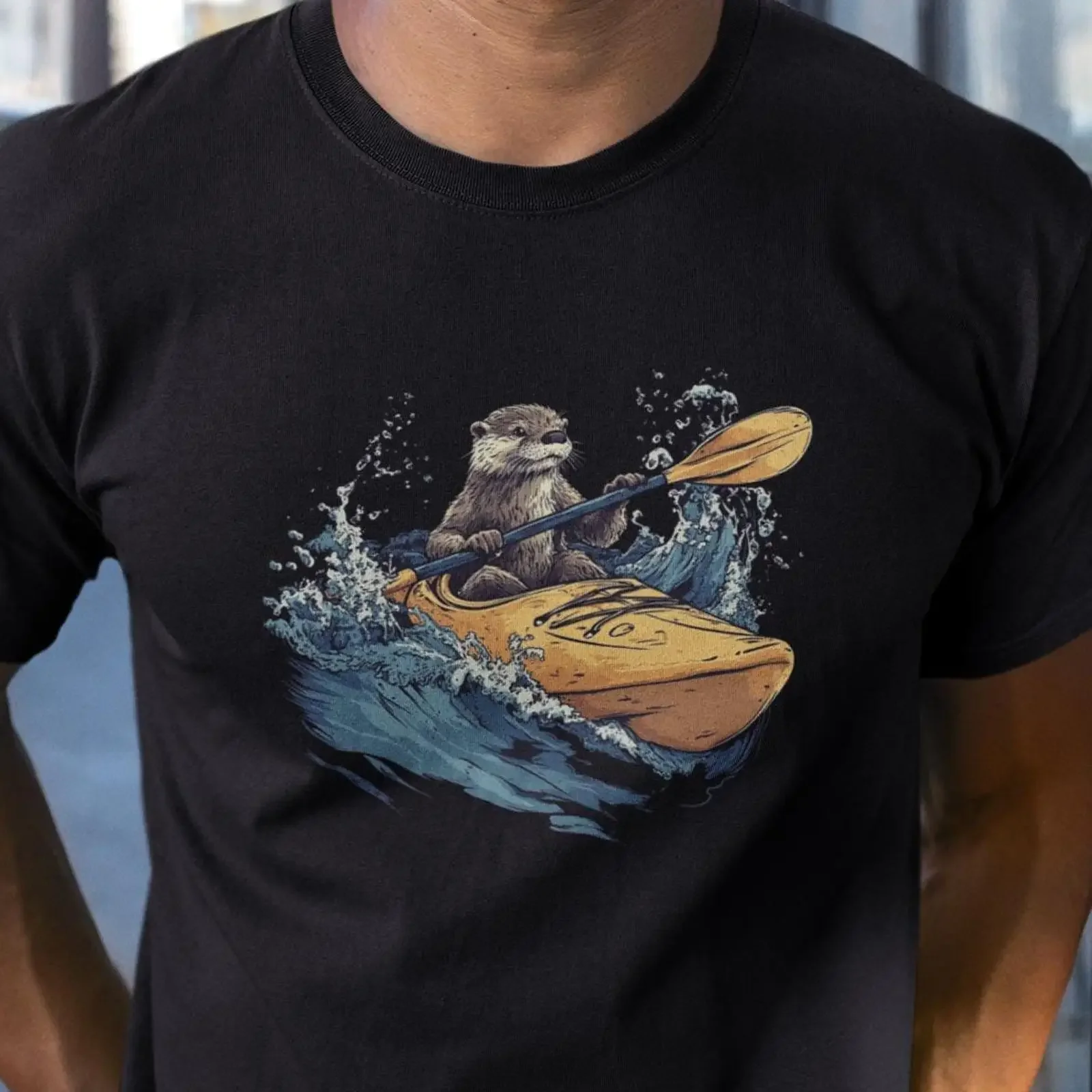 Funny Otter in Kayak Men's T Shirt Outdoor Watersports Casual Kayaker Animal Lover Birthday GifT vintage Washed Breathable