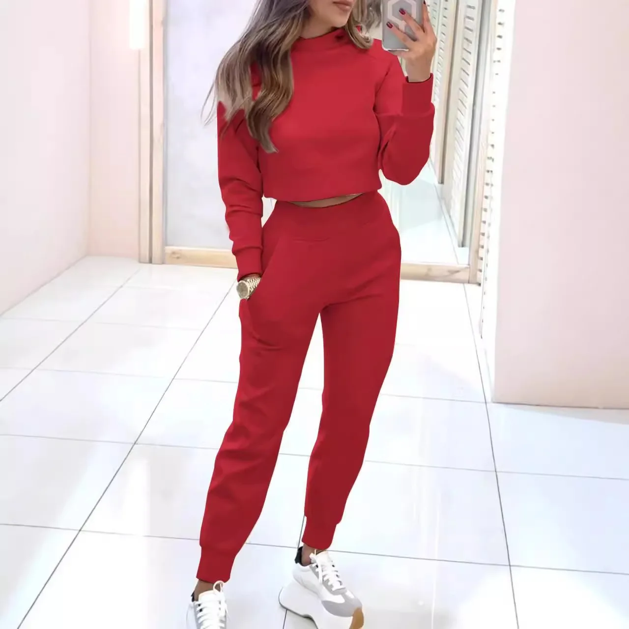 Autumn Fashion Sports Style Two Piece Set Women Casual High Neck Top Pocket Sports Pants Two Piece Set Women