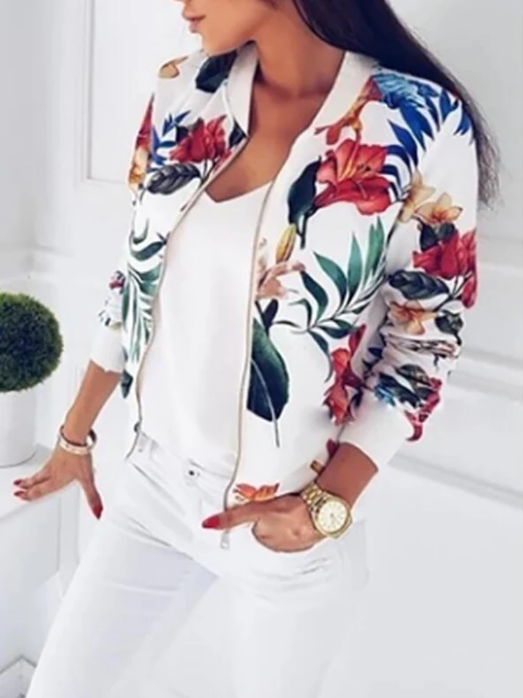 O-Neck Bomber Short Jackets New Fashion 2023 Autumn Women\'s Pockets Zipper Long Sleeve Coat Female Flower Printed White Jacket