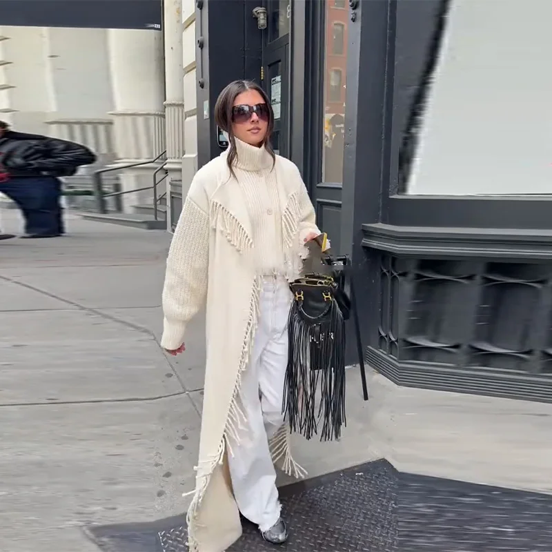 

Lady Exquisite Fringe Trim High Neck Knitwear High End Sweater Tassel Splicing Overcoat Women's Edgy Elegant Street Clothes