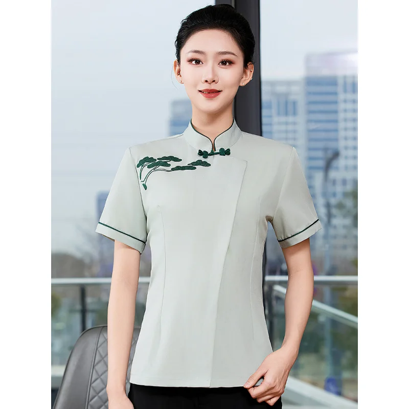 Casa de chá restaurante garçom uniforme trabalho verão manga curta feminino estilo chinês hotel restaurante pote quente restaurante empregado un