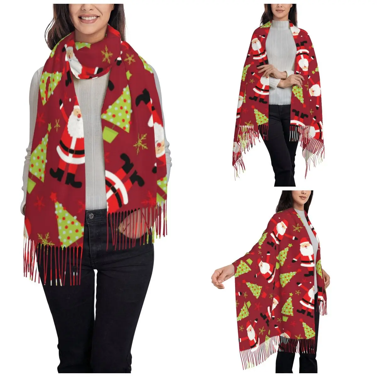 Women's Tassel Scarf Christmas Santa Claus New Year Single-sided Pattern Winter Fall Shawl and Wrap Daily Wear Cashmere Scarf