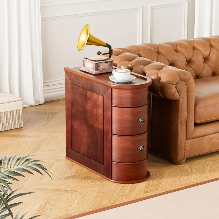 Stolik pomocniczy z litego drewna z 2 szufladami, gotowy do użytku, bez konieczności montażu, z wykończeniem w stylu vintage, drewniany stolik boczny do sofy do salonu.