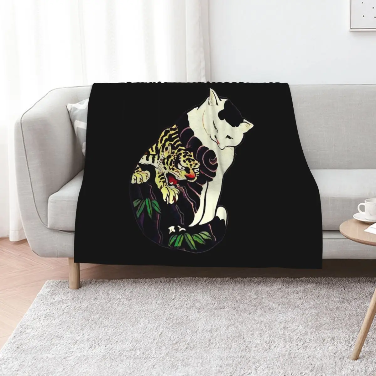 Antique Japanese Woodblock Print Cat with Tiger Tattoo Throw Blanket Warm Cozy Throw Blanket for Living Room Couch