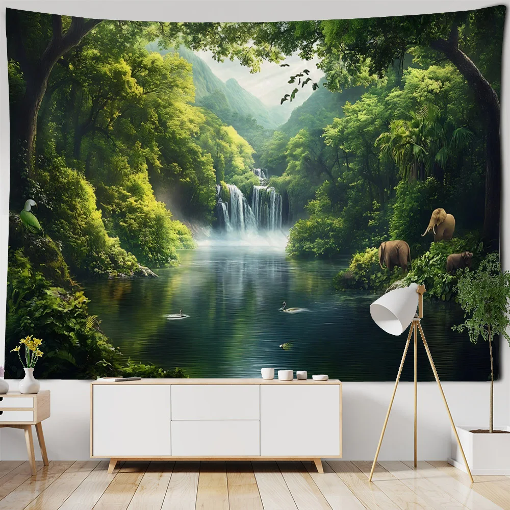 Fantasy Forest Tapestry Wall Hanging, Jungle Flower and Bird Waterfall, Art Decoration, Hippie, Home Background Poster Bed Sheet