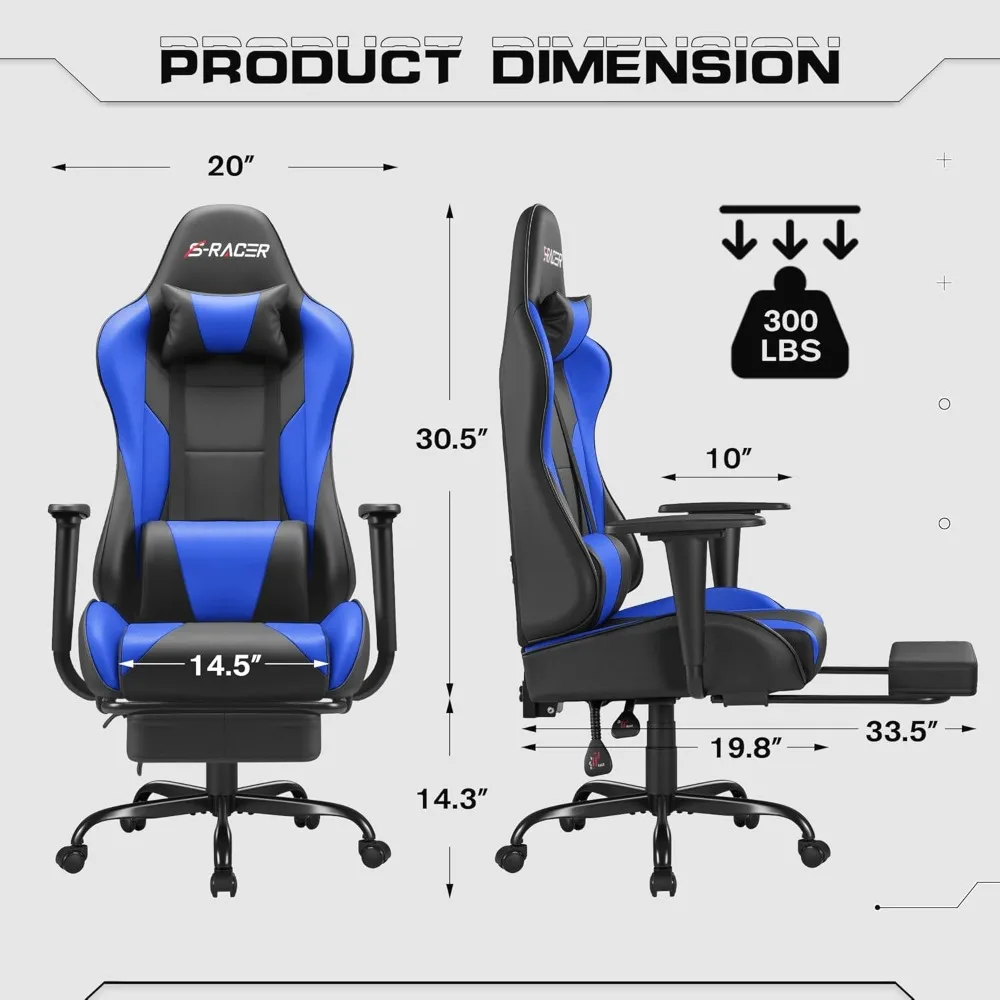 Ergonomischer Gaming-Stuhl mit Fußstütze, Massage-Lendenwirbelstütze, höhenverstellbarer Kopfstütze und Drehgelenk für komfortables Spieles