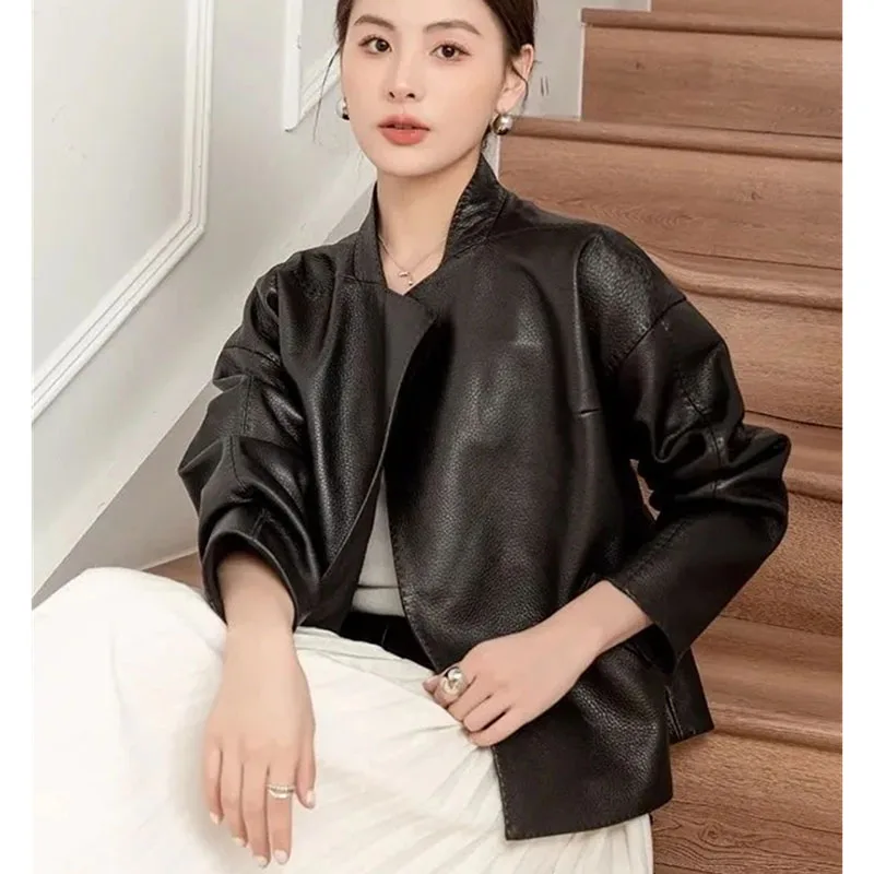 2025 หญิง PU หนังผู้หญิงเกาหลีสั้นเสื้อหนัง Faux ฤดูใบไม้ร่วงผู้หญิงแฟชั่นแขนยาวหนัง Outwear