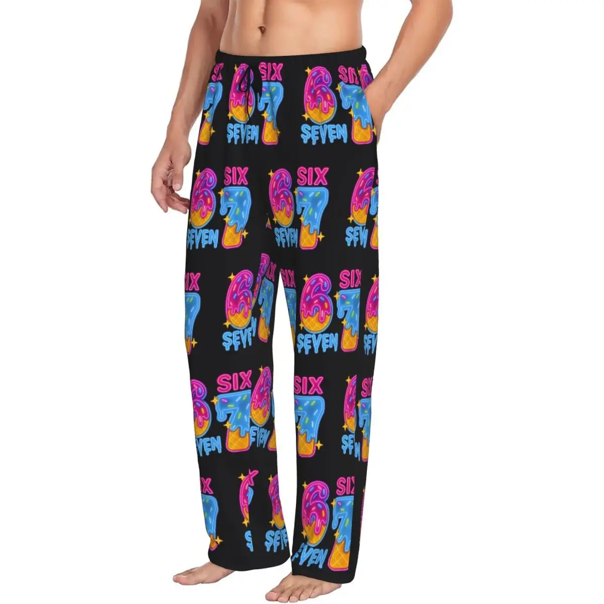 Custom 67 Six Seven Brainrot Pajama Pants for Men Ice Cream Sleepwear Lounge Sleep Bottoms Stretch with Pockets view 2