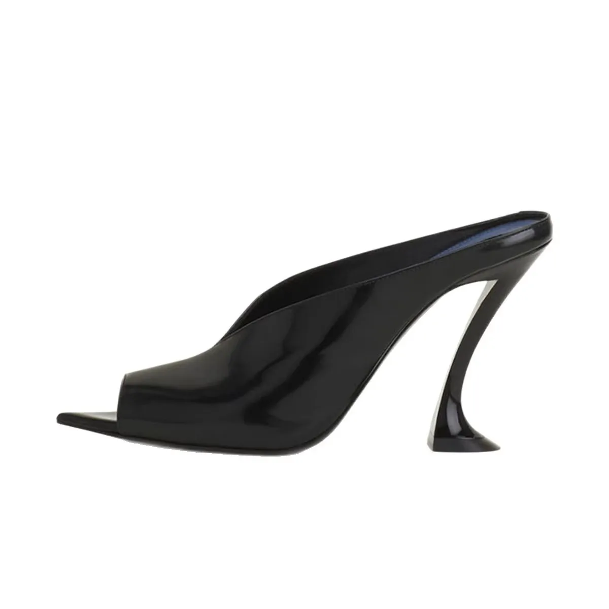 Arden Furtado Summer Patent Leather Alien Heel Peep Toe Slippers Large Size Pointed Toe Pull-On Super High Heel Satin Mules