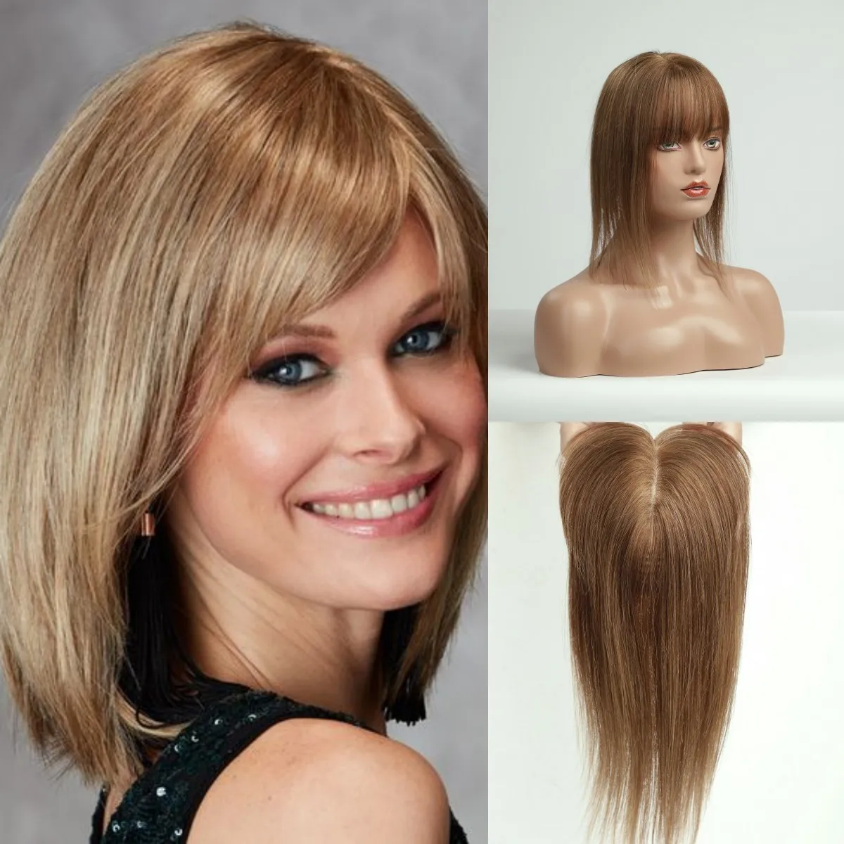 Remy Human Hair Toppers with Bangs Light Brown Natural Human Hair Pieces for Women with Thinning Hair Silk Base Clip in Toppers