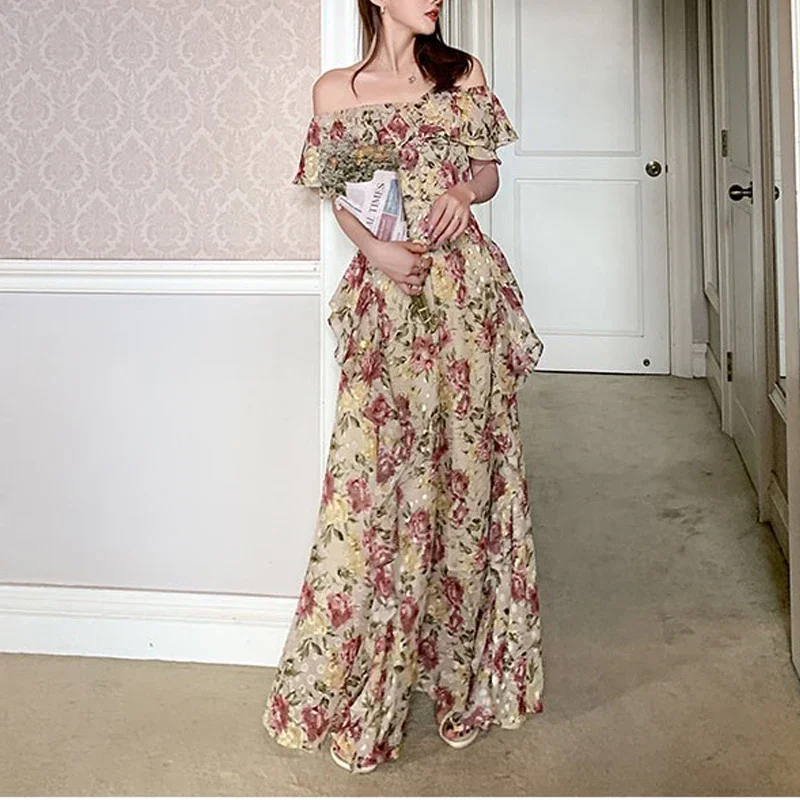 French Elegant 2000s Vintage Dress Women Floral Floor-Length Sexy Wedding Party Long Boho Dress Beach Style 2024 Summer Y2k Chic