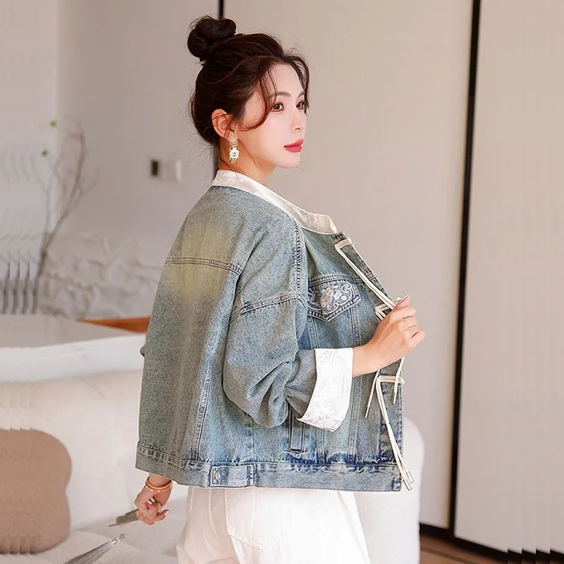 Light Blue Short Denim Coat Vintage Embroidery Spring Women Contrast Color Stand Collar Single-breasted Long Sleeve Jeans Jacket