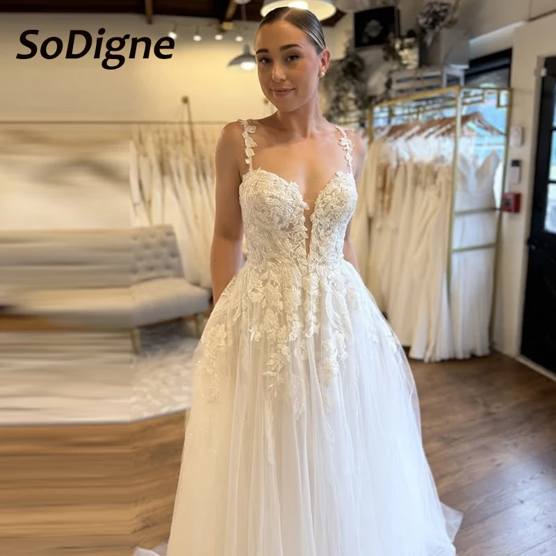 

SoDigne A-line Tulle Long Bride Dresses Sweetheart Sleeveless Lace Appliques Wedding Dress Beach Bridal Gowns Customized