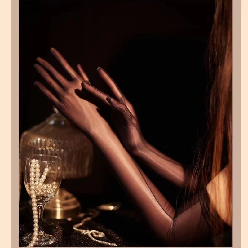 Anti-slip Glossy Silky Gloves Long Gloves Mittens Sexy Ultra Thin Oil Shiny Silky Transparent Party Glove Women Erotic Accessory