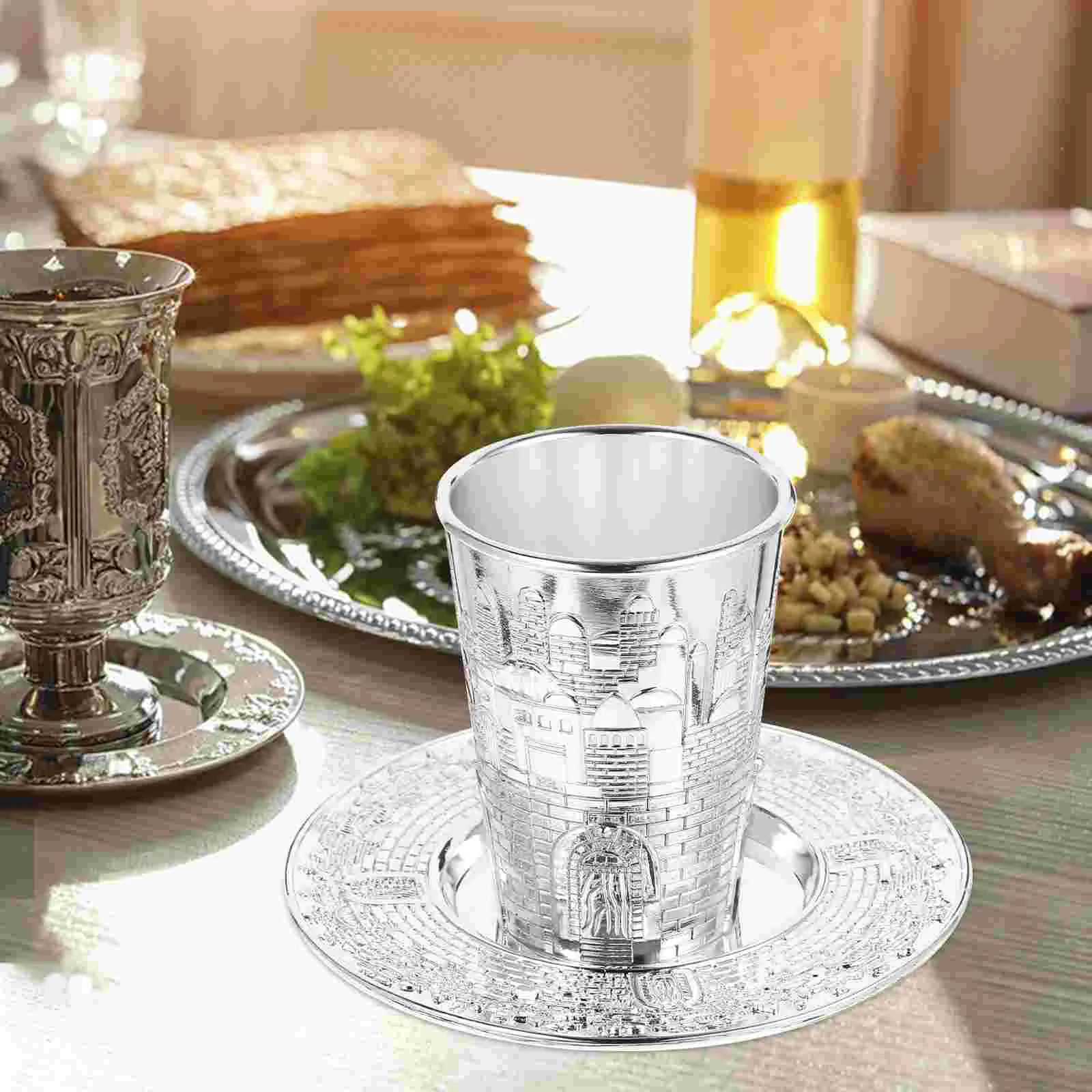 Prayer Cup Set Delicate Shabbat Glasses Metal Offering Holy Judaica Shabbos European Style