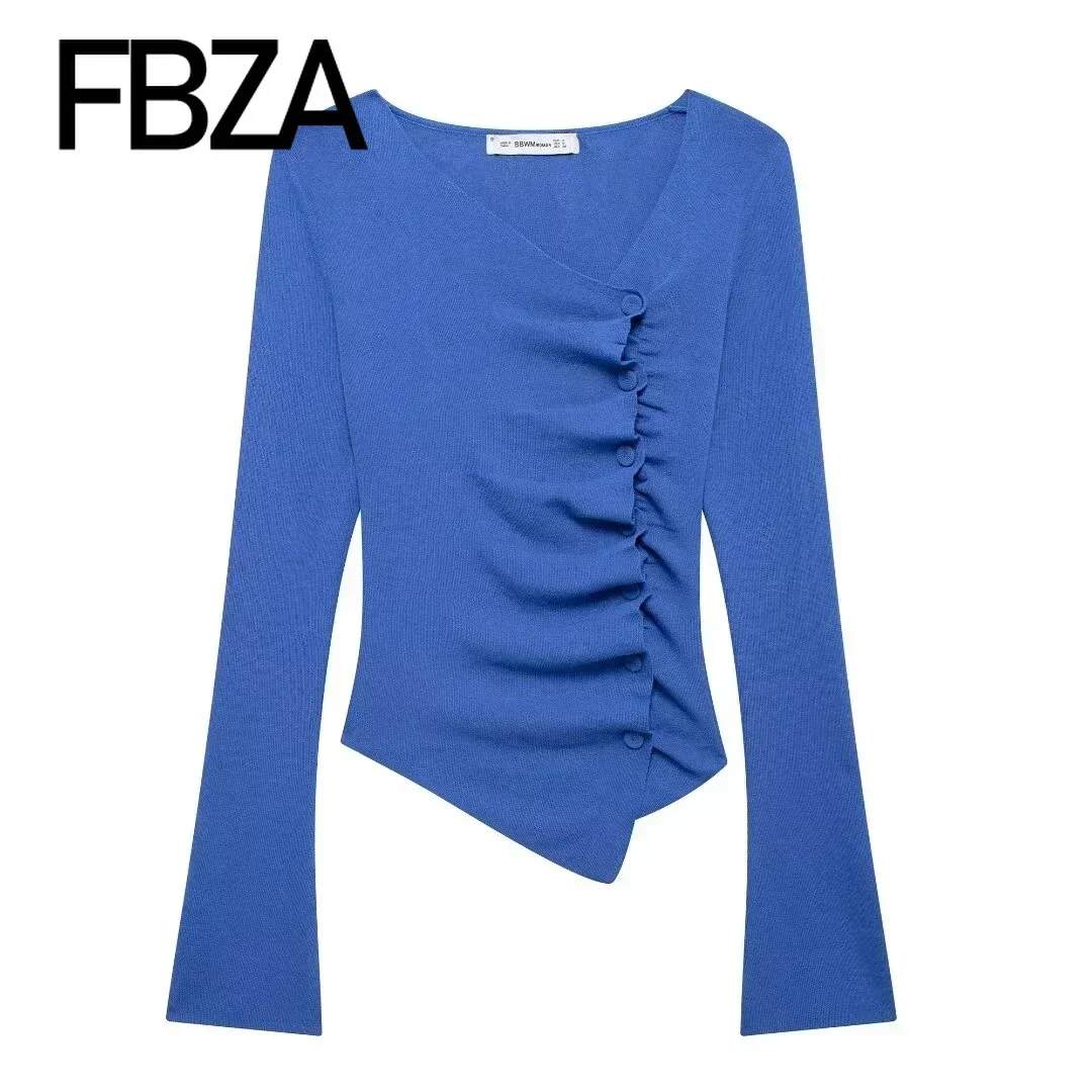 TRAF Women Fashion Irregular Solid Fold Long Sleeved Single Breasted V-neck Knitted Sweater Cardigan Chic Female Knit Coat