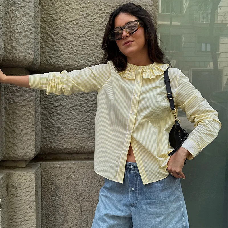 Trendix Ruffle Striped Top For Women's Fall Fashion Long Sleeve Casual Street Cardigan Tops 2025 New Fashion Commuting Shirt