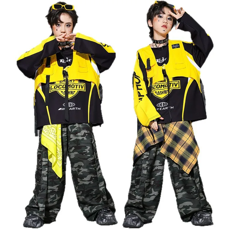 Ensemble de vêtements de danse de rue pour filles, veste K-pop, sweat-shirt, pantalon jaune, costume