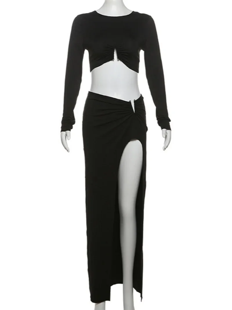 Women Fall 2 Piece Matching Set Fashion O-neck Long Sleeve Crop Tops Tees+High Slit Long Maxi Skirts Black Evening Party Outfit