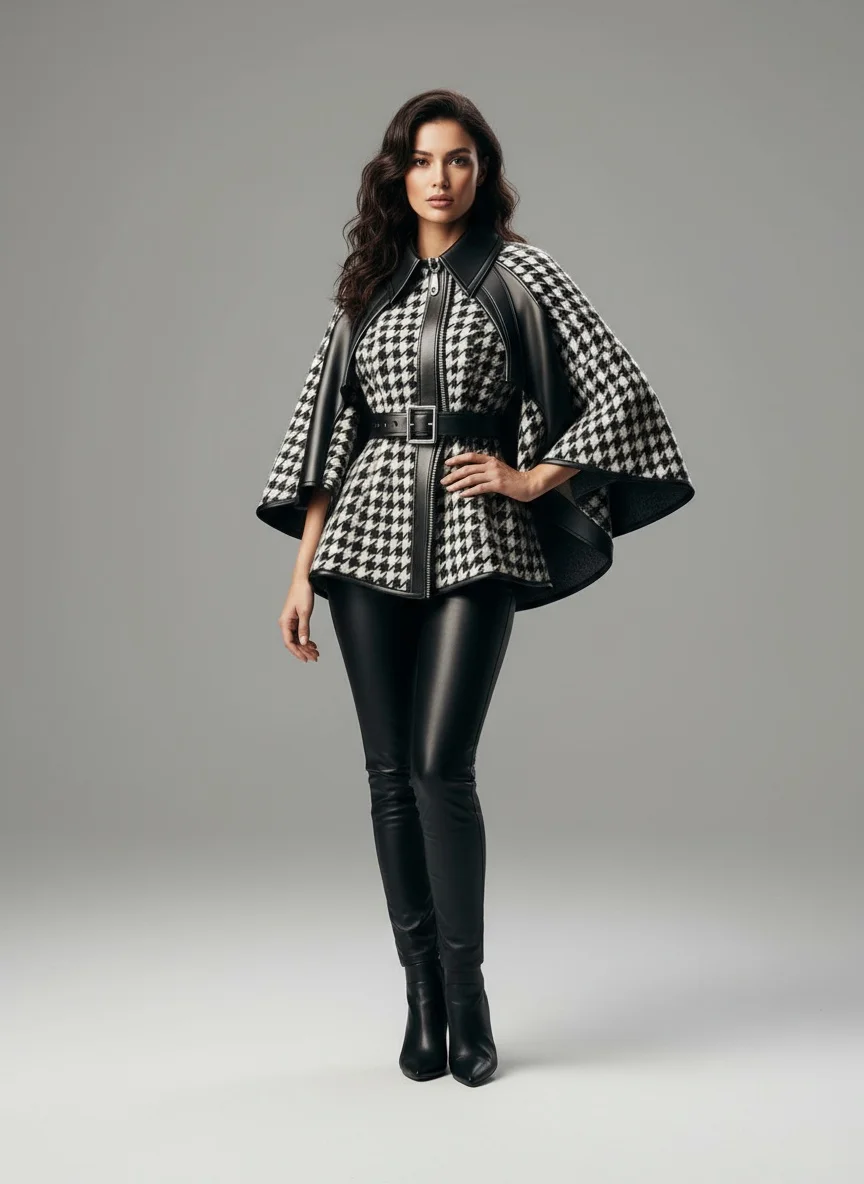 Giacca da donna con motivo pied de poule Maniche a mantella asimmetriche Elegante capispalla da ufficio in pelle PU vintage con giunture per l'inverno