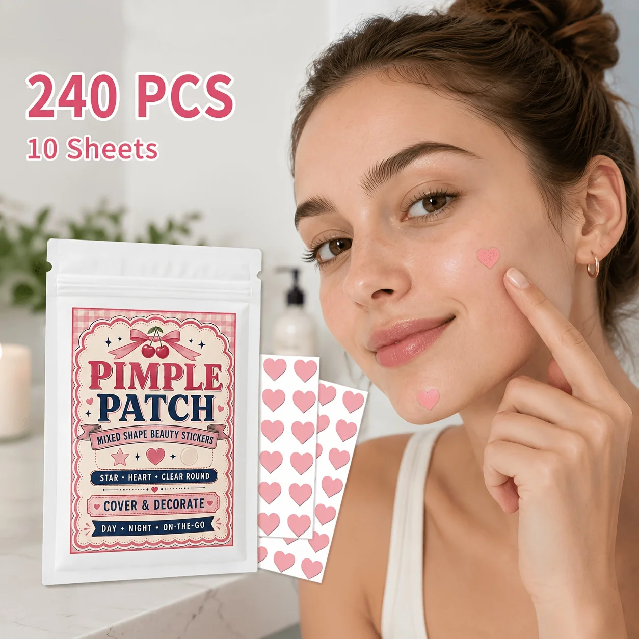 240PCS Heart Pimple Patches, Cute Hydrocolloid Face Stickers, Decorative Blemish Cover Patches, Travel Party Photo Accessories